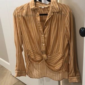 Yellow with white stripes button down blouse.